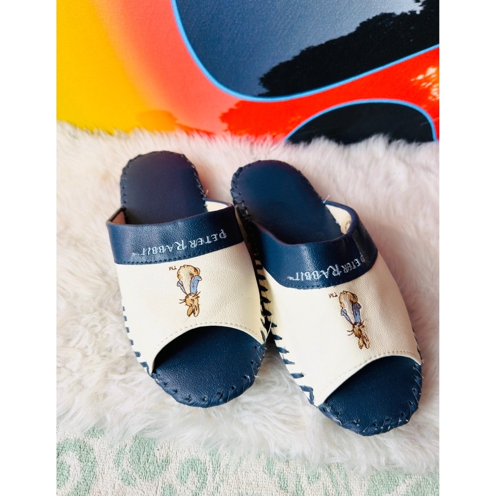 Beatrix Potter‎ Peter Rabbit Navy Cream Open Toe House Slippers Slides Mens L